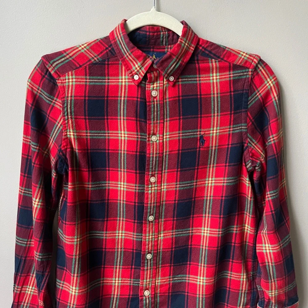 Ralph Lauren Flannel Shirt Boys Size 10/12 Red Plaid 100% Cotton Preppy Classic